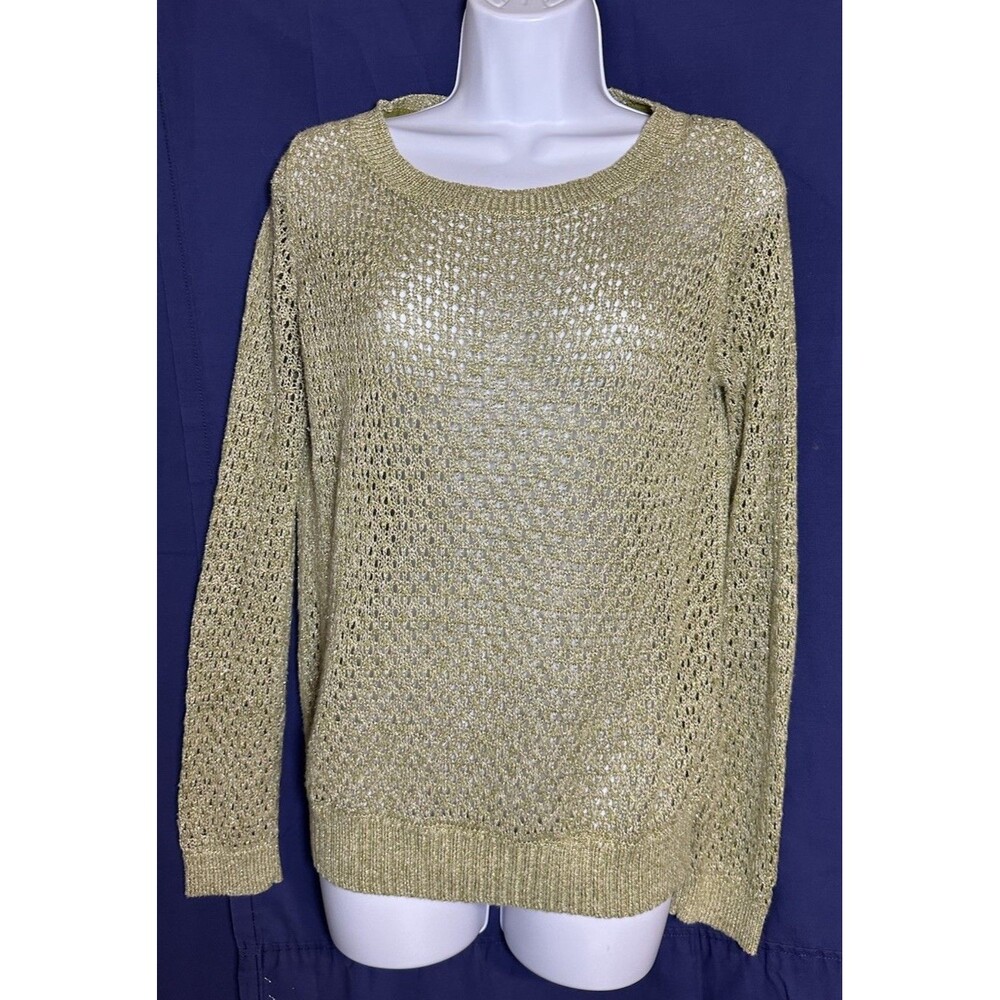 Guinevere Anthropologie Hemp Blend Open Knit Sweater Olive Gold Metallic Medium